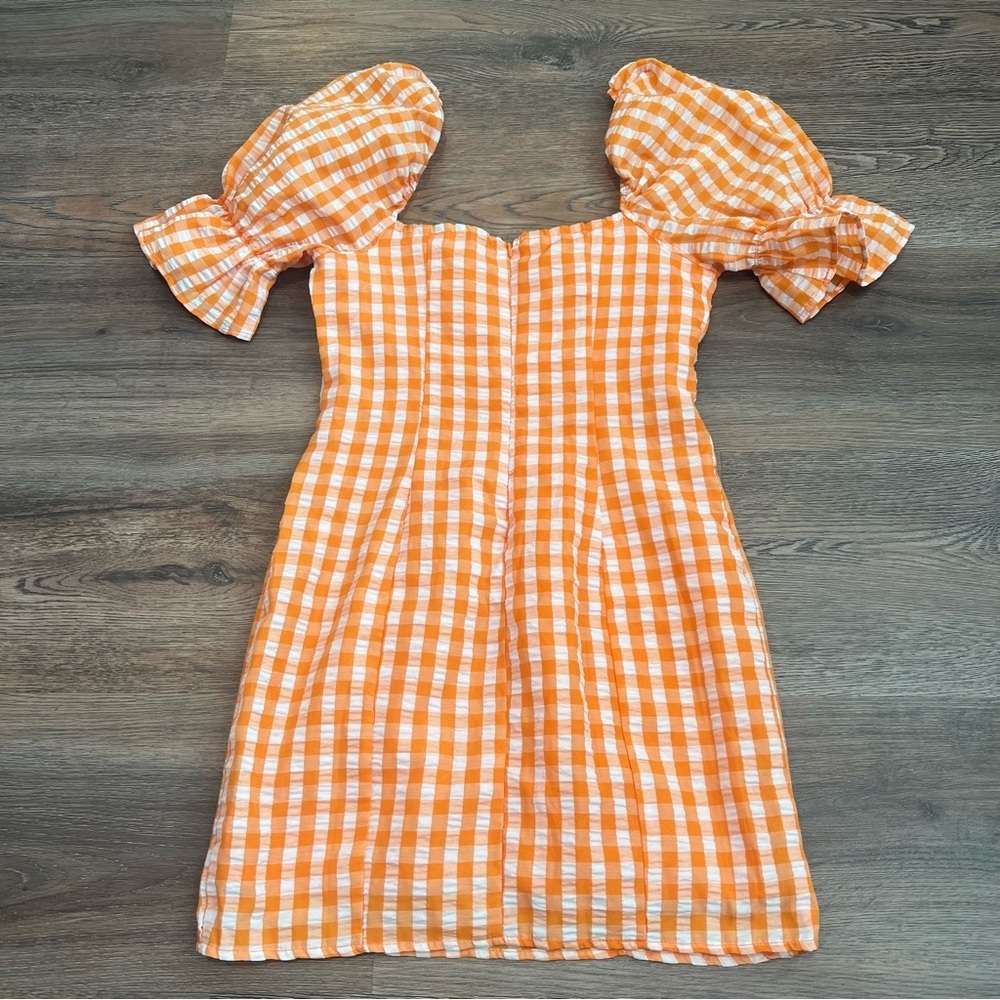 Orange Gingham Puff Sleeve Mini Dress Size Small Sweetheart Neck Boho Summer - Picture 5 of 9